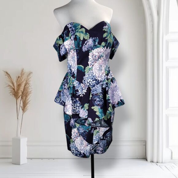 Vintage 90s Peplum Midi Dress Size 10 Blue Garden Party Off the Shoulder - Picture 1 of 16